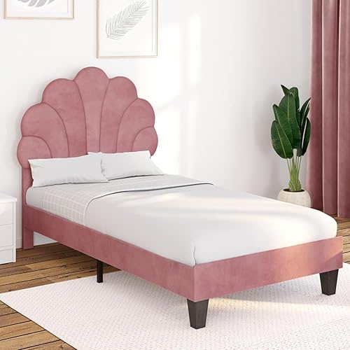 IDMarket - Lit Simple Coquillage 90 x 190 cm Amanda avec sommier Velours Rose poudré - Nail Gallerys