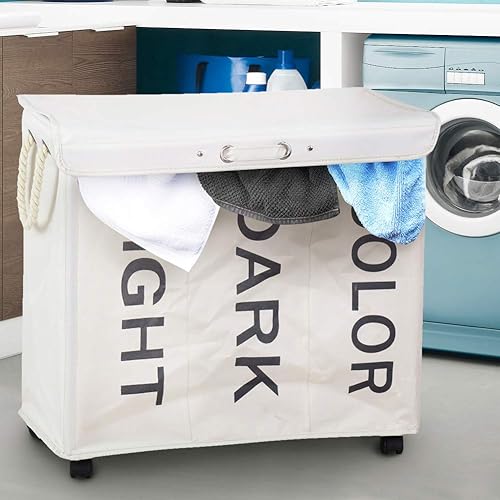 Bakaji Panier à linge sale à 3 compartiments à linge 3 espaces en tissu Oxford pliable avec roues et poignées, dimensions 63 x 35 x 57 cm (gris) - Nail Gallerys