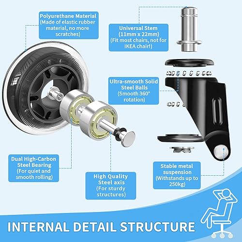 DICLLY 5pcs Roulettes Chaise de Bureau, 11x22 mm,Rotation 360° Silencieuses et Résistantes à l'Abrasion,Protègent le Sol,Supportent jusqu'à 250kg,Convient pour Parquets,Moquettes et Sols Durs - Nail Gallerys