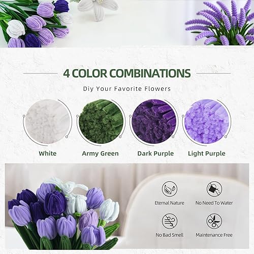 400 Pièces Cure Pipe Chenille,Cure-pipe à Bricoler Set,Dense et Moelleux Fil Chenille,avec Tige Fleur,Ruban,Étamines,papier cadeau,pour Bouquets de Tulipes,DIY et Décoration(Violet） - Nail Gallerys