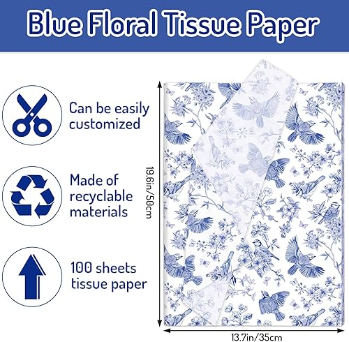 JarThenaAMCS Lot de 100 feuilles de papier de soie à motif floral bleu pour emballage de mariage, anniversaire, fête prénatale, 35 x 50 cm - Nail Gallerys
