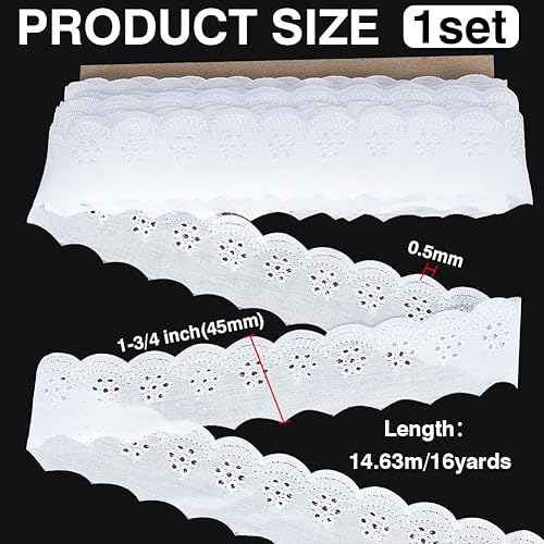 FINGERINSPIRE 14.6m Bordure en Dentelle de Coton 45mm Large Bordure en Dentelle à Œillets Blanche Broderie Fleur Ruban de Dentelle de Coton Bord Ondulé Bordure en Dentelle à Œillets pour DIY Vêtements - Nail Gallerys