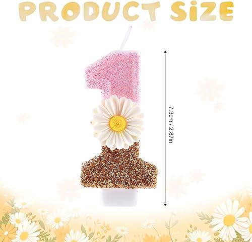 Bougie d'Anniversaire Numéro 1 Rose, 7,3cm Marguerite Mignonne Dorée Brillante Bougie 1er Anniversaire avec Bâton, Cadeaux Décoration Gâteau Fille pour Fêtes Premier Anniversaire (Blanc) - Nail Gallerys