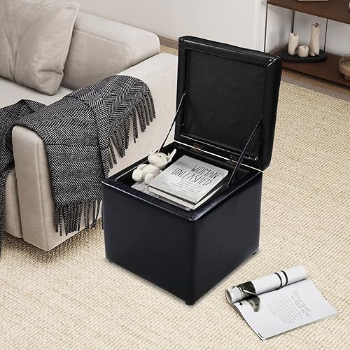 COSTWAY Tabouret de Rangement, Pouf, Coffre Boîte de Rangement Rembourré, Surface en Cuir PU, Ottoman Repose-Pied Cube, Charge 150 kg, pour Entrée, Salon, Chambre à Coucher, 40 x 40 x 40 cm, Noir - Nail Gallerys
