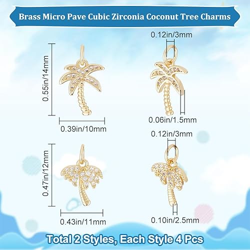 Beebeecraft 1 boîte de 8 Breloques en Forme de Cocotier Doré en Laiton de Style Mixte Pendentifs en Zircone Cubique Mini Platine avec Anneau de Saut pour Collier Boucles - Nail Gallerys