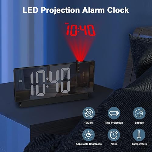 Ankilo Réveil numérique à projection 180° pour chambre à coucher avec surface miroir, 4 niveaux de luminosité, mode variateur automatique, fonction snooze, affichage 12/24 heures pour la maison, la - Nail Gallerys