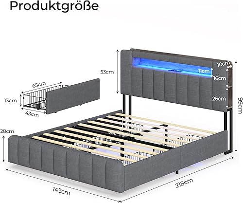 AOGLLATI Cadre de Lit 140x200 cm à LED avec Multiprise, Lit Double 140 x 200 avec Sommier et Rangement, 4 Grands Tiroirs, Tête de Lit Capitonnée en Lin Gris, Moderne sans Matelas - Nail Gallerys
