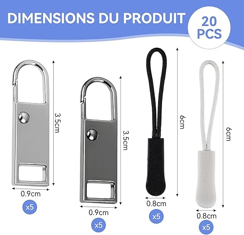 20PCS Tirettes Fermeture Eclair Réparation,Métal Zipper Pull,Métal Zipper Pull Amovible,Réparation Fermeture Eclair et Cordon pour Porte Monnaie Vêtements Jeans Valises(Noir/Argent) - Nail Gallerys