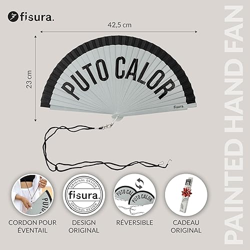 Fisura – Éventail original avec message « P*to calor ». Accessoire bois réversible élégant et coloré. Ventilateur main gris noir tendance. Crochet inclus. Taille : 42,5 x 23 cm - Nail Gallerys