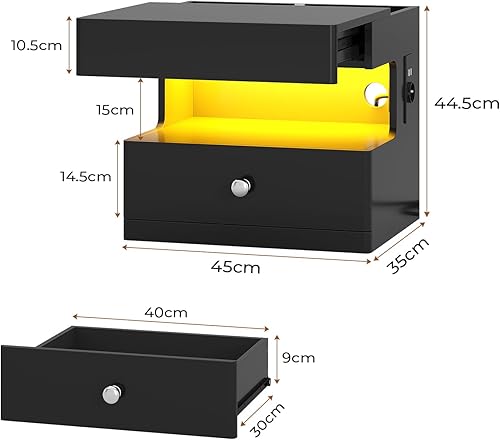 AOGLLATI Table de Chevet LED avec Multiprise (1 Prise CA + 2 Ports USB-C), Chevet de Lit Bois avec 1 Compartiment Verrouillable, 1 Étagère Ouverte et 1 Tiroir, Table de Nuit Noire Moderne - Nail Gallerys