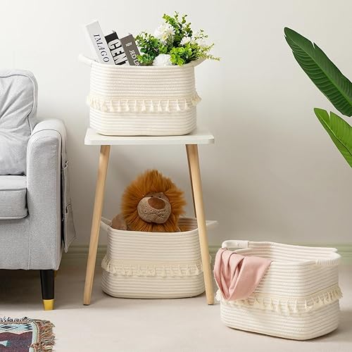 TeoKJ Lot de 3 paniers en coton blanc pour le rangement, panier à vêtements tissé pour organiser et ranger, panier de couverture pour salon, buanderie, étagères de salle de bain - Nail Gallerys