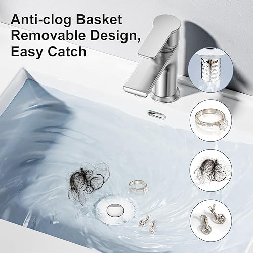 Bonde de lavabo pop-up 3 en 1 avec tamis et panier filtrant amovible en acier inoxydable - Bouchon de lavabo pour lavabo de 28 à 58 mm - Noyau sphérique en laiton chromé - Nail Gallerys