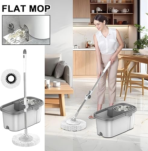 Kit Complet Lavage Sol, Set De Serpillière avec Seau Essoreur Ensemble Balai Et Seau avec 2 Têtes De Rechange en Microfibre Outil De Nettoyage pour Sol Dur Carrelage Cuisine Salon - Nail Gallerys