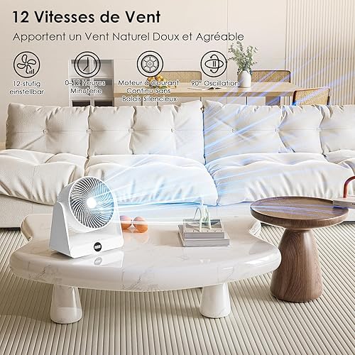 Dreamhigh® Ventilateur Silencieux avec Télécommande, 12 Vitesses, Minuterie 12H, Oscillation Automatique 90°, Ventilateur de Table Très Silencieux, Circulation d’Air, pour Bureau, Chambre, 30 m² - Nail Gallerys