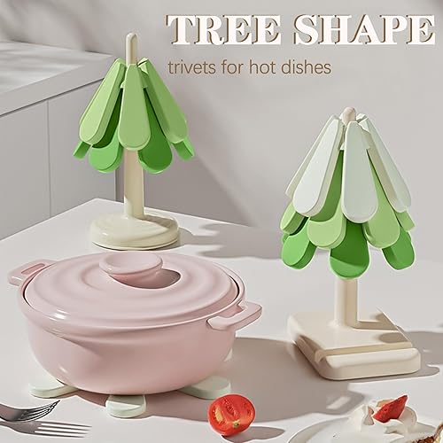 Arbre Dessous de Plat Silicone 1 Support et 3 Dessous de Plat, Trivet-Arbre Set, Dessous de Plat résistant à la Chaleur pour Plan de Travail, casseroles, poêles, décorations de Noël et théières. - Nail Gallerys