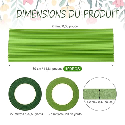 100 Pièces Tige Fleur Artificielle 30cm, 2mm Tige Metal de Fleuriste de Fleurs, Tiges Florales en Fil de Fer, avec 2 Floratape, Facile à Plier, pour Bouquets Artisanat, Bouquet - Nail Gallerys