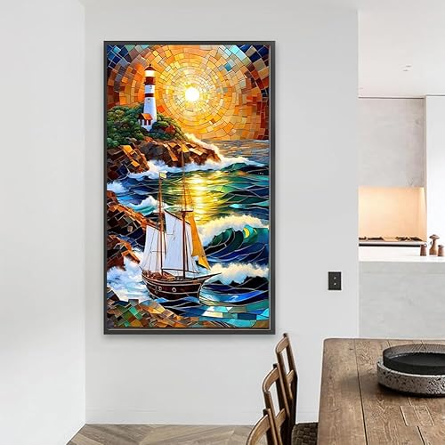 LYEAA 5D bricolage complet rond vitrail diamant peinture voilier 40x70 cm décor à la maison Kit peinture - Nail Gallerys