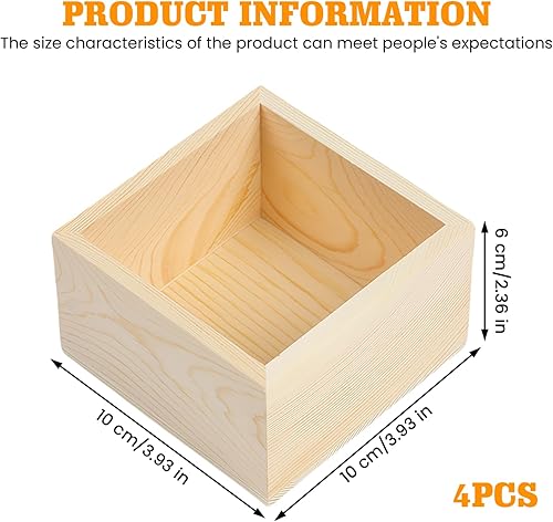 LEKEFETO Lot de 4 caisses en bois - 10 x 10 x 6 cm - Boîtes de rangement carrées naturelles pour décoration, bricolage et bijoux - Boîtes en bois rustique en bois massif - Nail Gallerys