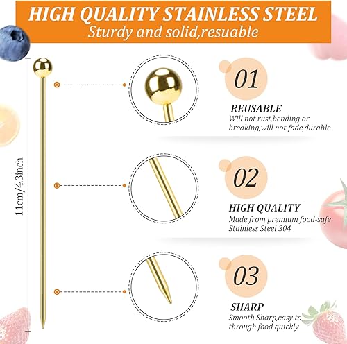 Polly Online 10 Pièces Brochettes de Cocktail Acier Inoxydable Bâtonnets de Fruits Cure-Dents apéritif - Nail Gallerys