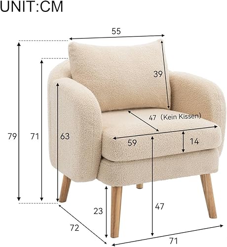 Sweiko Fauteuil simple en velours Teddy avec coussin, chaise de jambe en bois massif, 75 x 69 x 71 cm, cadre en bois massif, chaise simple, pour salon et chambre à coucher, rose - Nail Gallerys