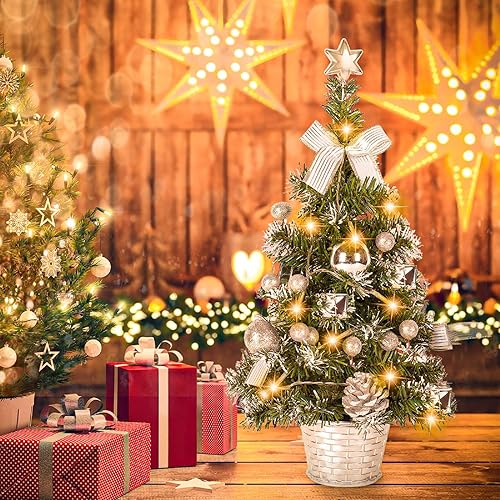 Lucoss Mini Sapin de Noel Artificiel, 45CM Petit Arbre de Noël avec des lumières LED, Mini Desktop Arbre Décoration pour Bureau Commercial Bar - Argent - Nail Gallerys