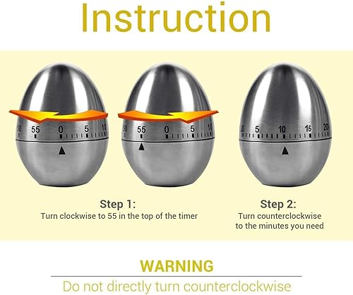 Minuterie de cuisine mécanique en acier inoxydable en forme d'oeuf Jusqu'à 60 minutes pour faire bouillir des œufs et plus - Cuisson au four Brossage des dents Alarme de courte durée pour - Nail Gallerys