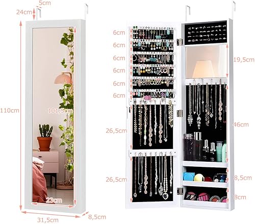 GOPLUS Armoire à Bijoux Mural avec Miroir et 3 Niveaux d’Étagère Intégrée,Armoire de Rangement Cosmétiques Accrochée à la Porte avec Divers Compartiments,Convient pour Salon,Chambre et Porche (Blanc) - Nail Gallerys