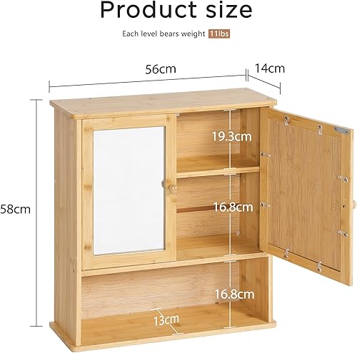 SogesPower Armoire Murale de Salle de Bain Armoire de Toilette en Bambou avec Miroir, Étagère Réglable, Portes Magnétiques et Compartiment de Rangement Ouvert, pour Salle de Bain, 56 x 14 x 58,2 cm - Nail Gallerys