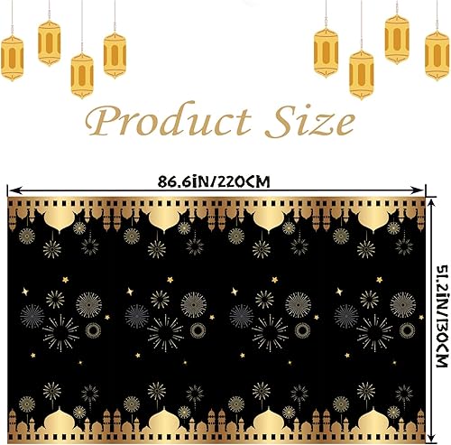 MORAINJAY 2Pcs Noir Nappe Aïd Mubarak, 130x220cm Grande Ramadan Mubarak Nappe Plastique, Nappe de Table Rectangulaire Imperméable pour l'Aïd Ramadan Mubarak, Lune Etoile Décorations de Fête Musulmane - Nail Gallerys