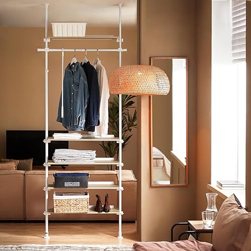 SoBuy 30% de Réduction Télescopique Porte-vêtements Système de Penderie Télescopique Porte-Manteau Réglable, 1 Barre, 3 Etagères et 1 Vêtement Fork, L97 x H(193-262) cm, Blanc, KLS15-WN - Nail Gallerys