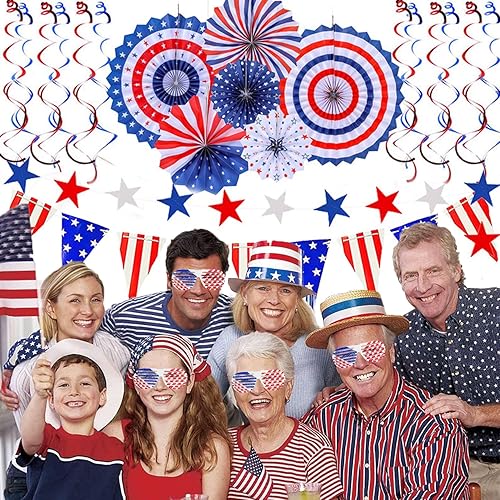 Lot de décorations de fête patriotique du 4 juillet - Rouge et blanc - Bleu - Pour fans de papier - Serpentins américains - Fanions américains - Verres en plastique patriotiques pour 4 juillet - Nail Gallerys