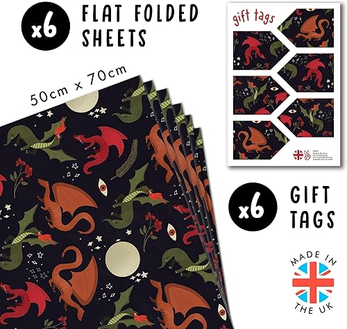 Papier cadeau noir – 6 feuilles de papier cadeau d'anniversaire – Dragons – Lune – Étoile – Pour homme et femme – Halloween – Livré avec autocollants – Recyclable – Par Central 23 - Nail Gallerys