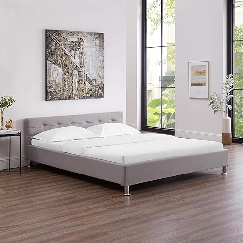 IDIMEX Lit Double pour Adulte Nizza Couchage Queen Size 160 x 200 cm 2 Places / 2 Personnes, avec sommier et Pieds en métal chromé, revêtement en Tissu capitonné Gris - Nail Gallerys