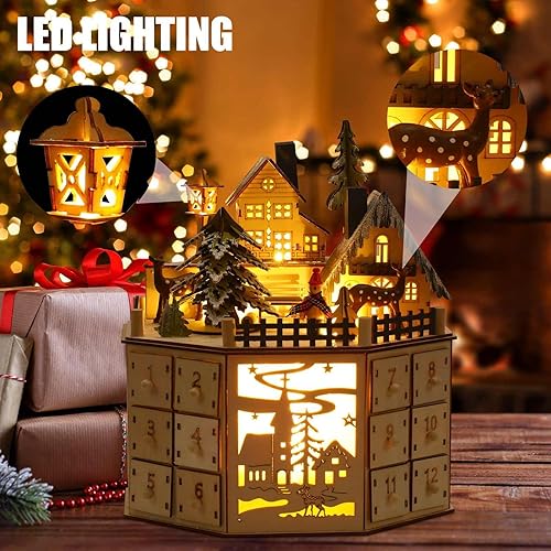 Calendrier de l'Avent en bois avec 24 fenêtres, éclairage LED, musique, calendrier de l'Avent vide à remplir soi-même, cadeau de fêtes, décorations de Noël (A) - Nail Gallerys