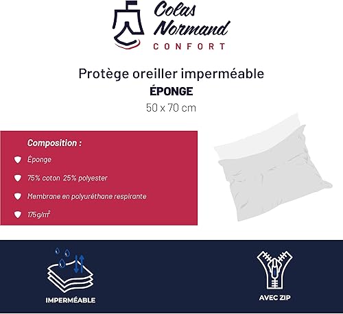 Colas Normand - Protège-Traversin 90x40 cm - Éponge 75% Coton & 25% Polyester - Imperméable & Respirant - Oeko-Tex - Fabriqué en Europe - Nail Gallerys