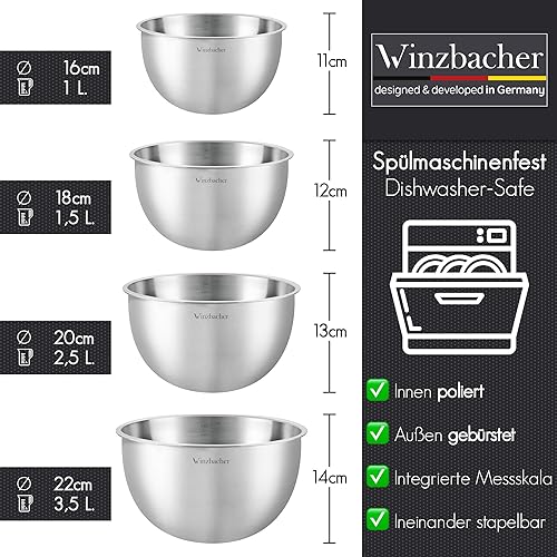 Winzbacher Lot de 4 saladiers en acier inoxydable - 1 l + 1,5 l + 2,5 l + 3,5 l - Passe au lave-vaisselle - Empilables - Échelle de mesure - Saladier - Intérieur poli et extérieur brossé - Nail Gallerys