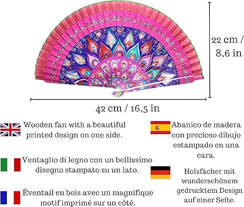 Éventails floraux, paysages et figures de couleurs avec housse artisanale. Magnifique éventail en bois avec étui fabriqué en Espagne. (Mosaïques cercles A) - Nail Gallerys