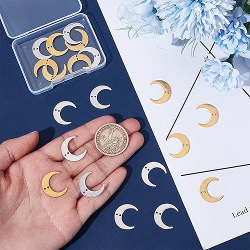 UNICRAFTALE 32 pièce Breloque Connecteur Lune 2 couleurs Breloques Lune Pendentif Croissant de Lune Breloques Acier Inoxydable 2 boucles pour Bracelet Collier Boucles D'Oreilles de Bijoux - Nail Gallerys