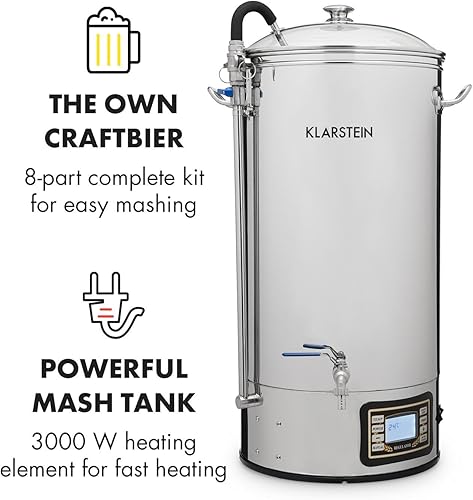 Klarstein Mundschenk Cuve Brassage de bière, glacière par Immersion Incluse - Set de Brassage de bière en 8 pièces, Cuve 50L, 3000W, Écran Tactile, INOX 304, Argent - Nail Gallerys