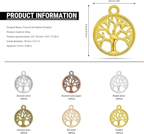 Skyzone Breloques arbre de vie pour la fabrication de bijoux, 60 pièces de couleurs assorties en métal pendentif arbre de vie plat rond pour bricolage, fabrication de collier, bracelet, décoration - Nail Gallerys