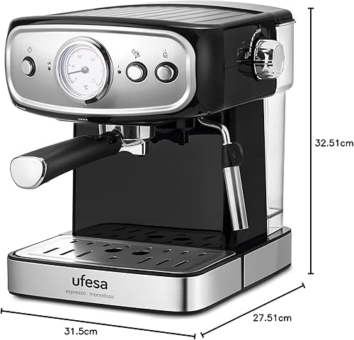 Ufesa CE7244 Brescia Machine à expresso et Cappuccino, Mousseur Réglable, 20 Bars, 2 Modes : Café Moulu ou Dosettes, Dépôt 1.5L, Fonction Chauffe-Tasses, 850W - Nail Gallerys