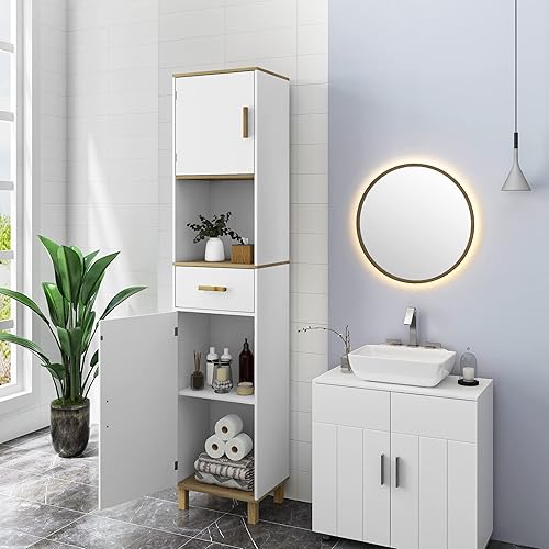 EUGAD Armoire Salle de Bain Haute sur Pied, Meuble de Rangement Colonne, Placard Blanc avec 4 Compartiments derrière 2 Portes, 1 Compartiment Ouvert et 1 Tiroir, MDF, 39x30x179cm - Nail Gallerys