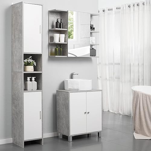 kleankin Meuble Colonne Rangement Salle de Bain dim. 30L x 30l x 180H cm 2 placards avec étagère + 2 niches Panneaux Particules Aspect Ciment Blanc - Nail Gallerys