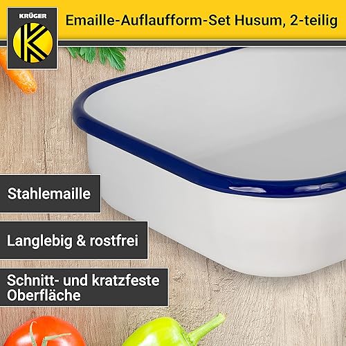 Krüger Lot de 2 plats à four en émail Husum - Passe au four jusqu'à 250 °C - Préparation de quiche, lasagne, casseroles, etc. (26 + 32 cm) - Nail Gallerys