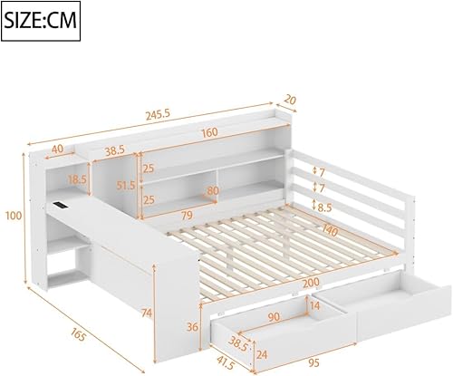 Sweiko Canapé-lit Multifonction en Bois Massif avec Bureau 140 * 200 cm, Étagères et Prises Électriques, Cadre de lit de Rangement avec tiroirs,White - Nail Gallerys