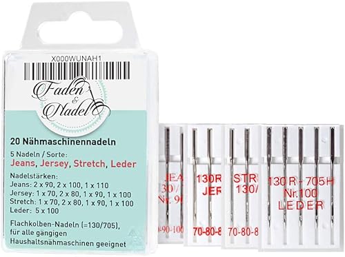 Faden & Nadel 20 Aiguilles de Machine à Coudre : Jeans, Jersey, Stretch et Cuir ; 5 pièces/variétés de différentes Tailles ; Système : Piston Plat - Nail Gallerys