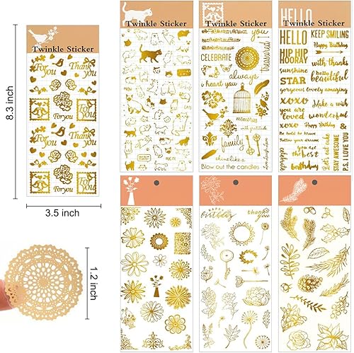 7 Pcs Scrapbooking Stickers Doré Autocollants Lettres PVC Papier Deco Autocollant Sticker Fleur Autocollants Décoratifs Stickers Aesthetic Vintage pour DIY Journal Album Photo-Chat Plante Feuille - Nail Gallerys