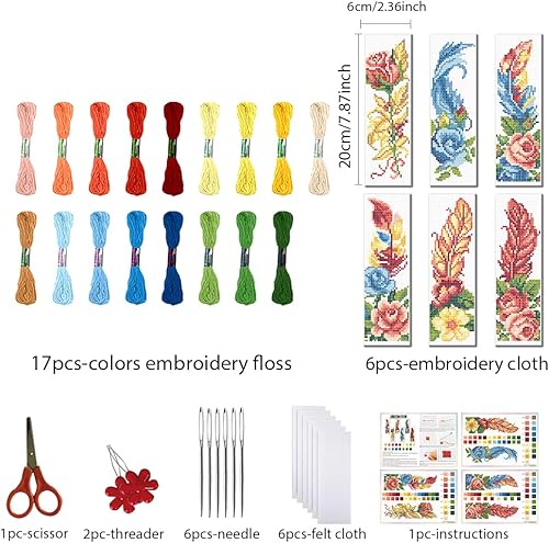 FREEBLOSS 6 ensemble de Kits de Marque Pages au Point de Croix Motif Plumes Kit de Broderie au Point de Croix Kit de Bricolage avec Instructions pour Débutants 6x20cm - Nail Gallerys