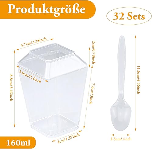 Lot de 32 Verres à Dessert en Plastique 160 ml – Avec Couvercles et Cuillères – Réutilisables coupes à dessert, Rectangulaires verrine dessert – Idéals pour Desserts, Pudding, Mousse, Glace - Nail Gallerys