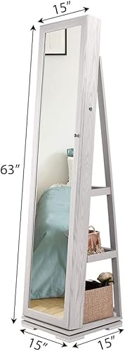 Lvifur Armoire à Bijoux Pivotante à 360° Degrés, Armoire à Bijoux sur Pieds, Verouillable, avec Miroir Intérieur, étagères de Rangement à l'arrière, Peu encombrant, Blanc - Nail Gallerys